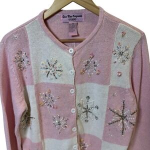 VTG Christmas Cardigan Size Medium Snowflake Sequins Color Block Cottage Core